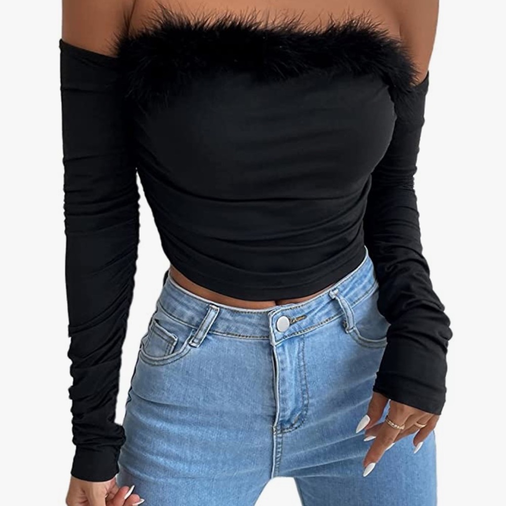 feather trim black crop top